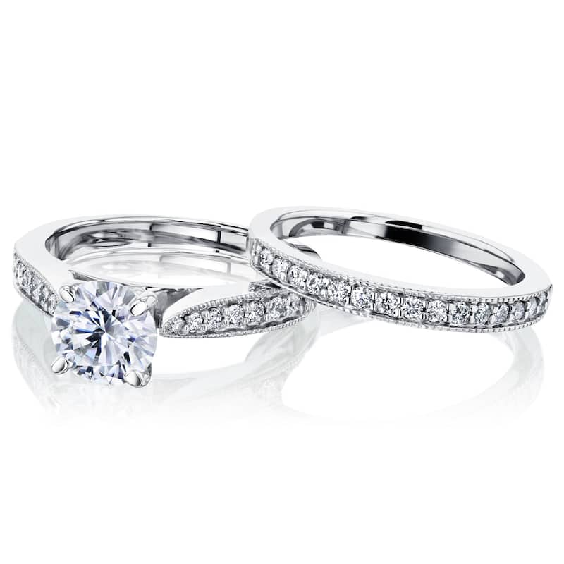 Kobelli 1.3 Carats Moissanite & Natural Diamond 14k Solid Gold Half Eternity Vintage Style Tower Taper Sophie 2pc Bridal Set