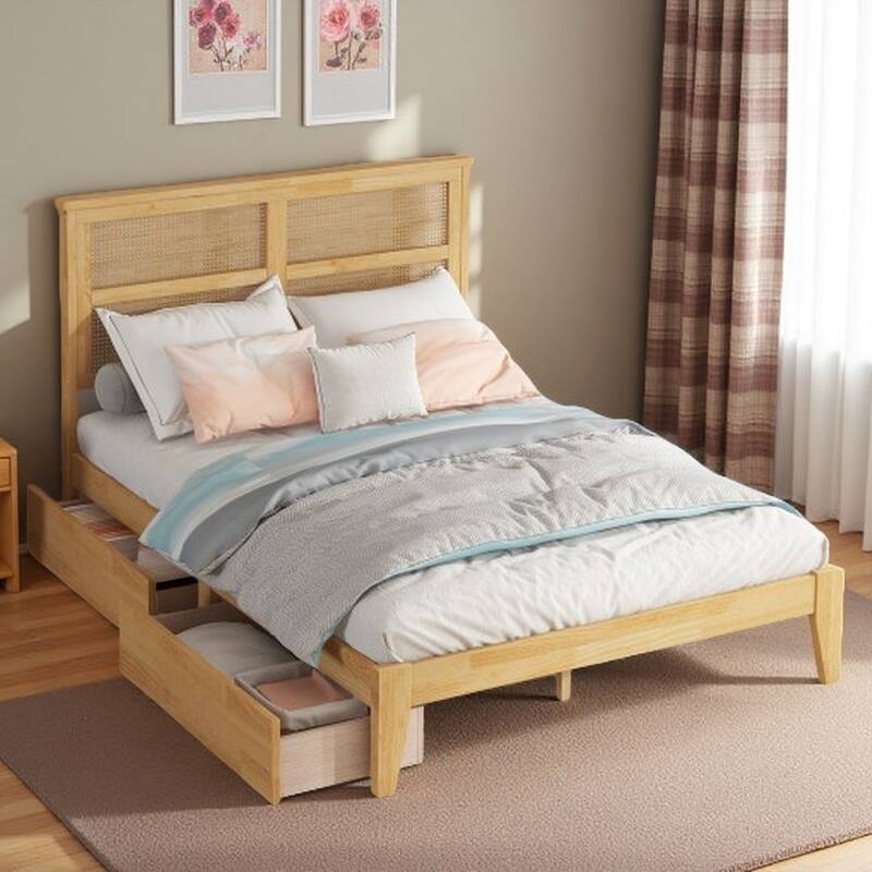 King Size Bed with Rattan Headboard, 2 Under-Bed Storage Drawers, Solid Rubber Wood Frame with Enhanced Support - Full White Oak - Full