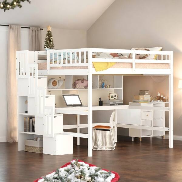 slide 2 of 24, Kid-Friendly Design Full Size Loft Bed with Desk and Drawers White