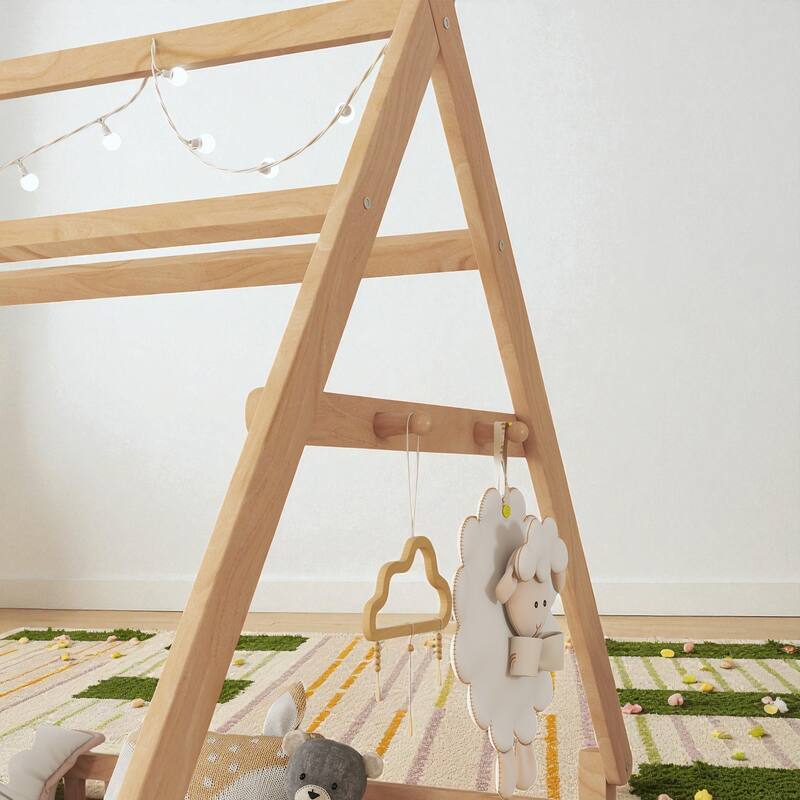 Twin/Full Size House Bed with LED Light and Fence, Wooden Low Floor Kids Bed Frame with Roof for Boys and Girls