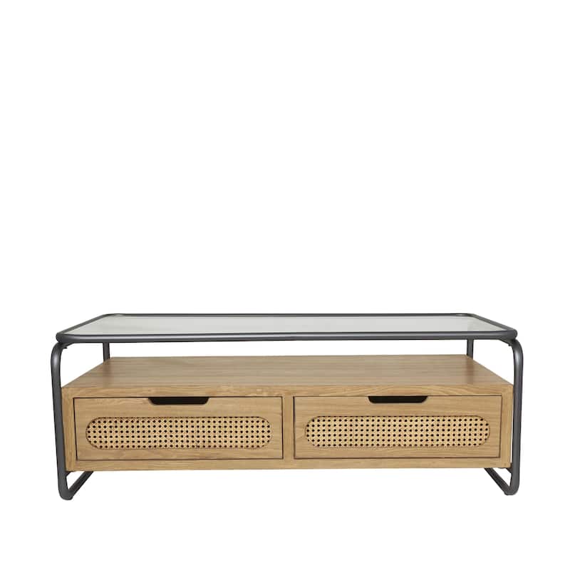 Wooden 3 Door Console or 1 Shelf Coffee Table with 2 Cane Front Drawers and Gray Metal Frame - Brown - Roche River Decor
