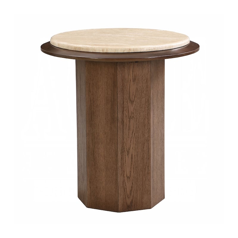 Wood and Travertine Stone End Table in Walnut