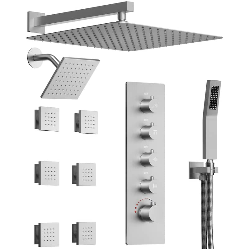 GRANDJOY Shower System Dual Shower Heads 16" and 6" Wall Mounted High Pressure Handheld Spray 6 Body Jets Thermostatic