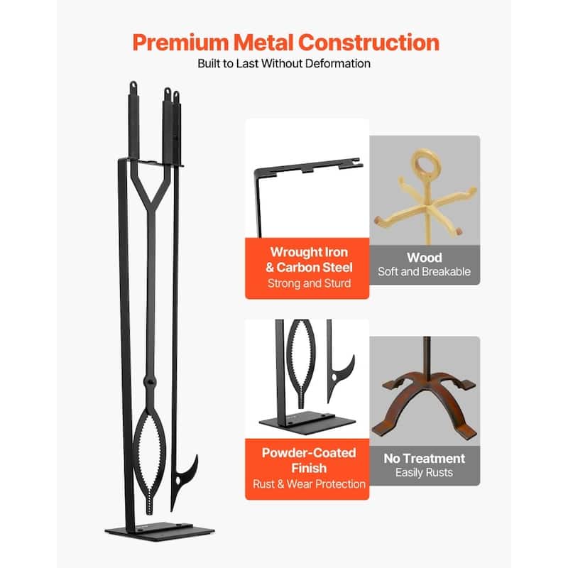 3-Piece Wrought Iron Fireplace Tool Set Poker, Tongs & Tool Stand, Heavy-Duty Carbon Steel Fire Pit Accessories