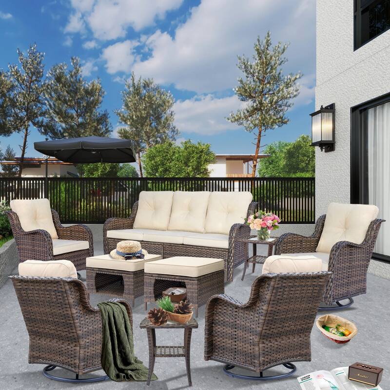 Outdoor Patio Furniture Set-Wicker Patio Conversation Swivel Chair Set - 9 Piece - Cream/Brown Wicker