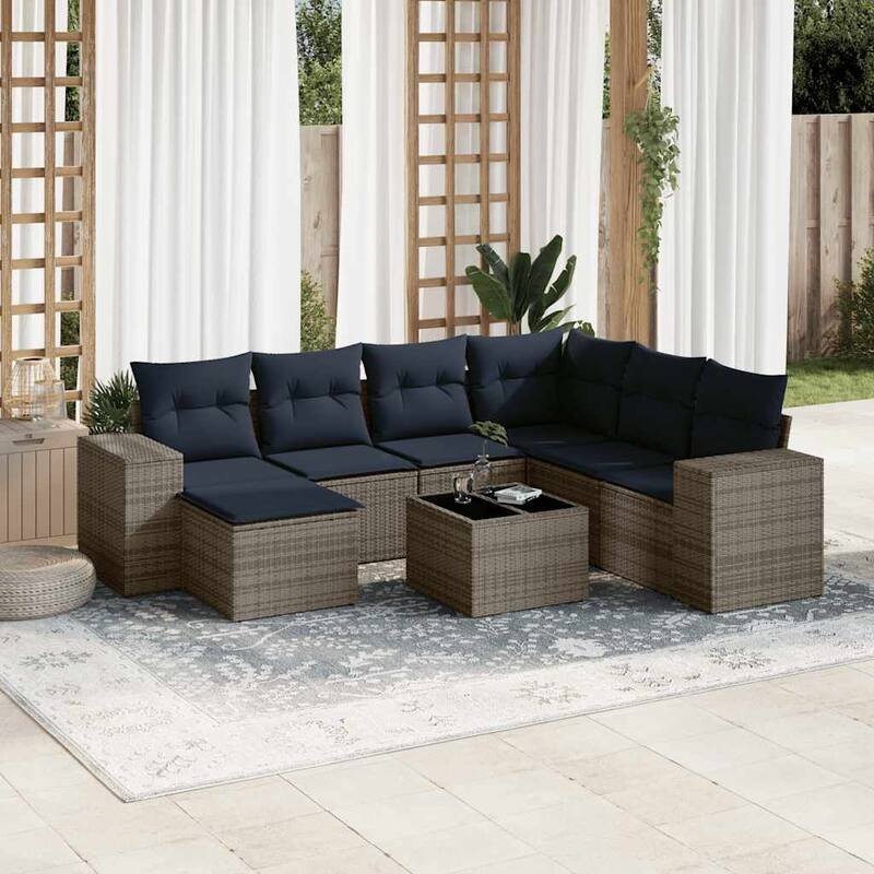 vidaXL 7/8 Piece Patio Sofa Set with Cushions Black/Brown/Gray Poly Rattan - 24.4 x 24.4 x 27.2