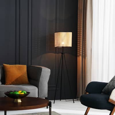 Gal - Mid Century Bohemian Tripod Floor Lamp With Rattan Shade and Velvet Detailing - 55.51" x 16.9"