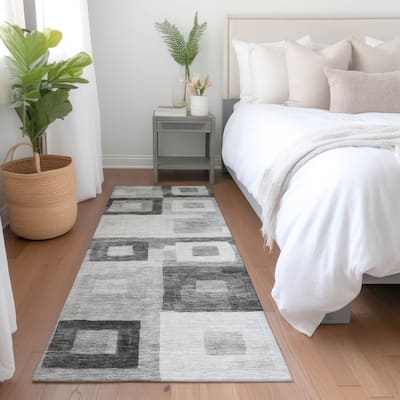 Machine Washable Indoor/ Outdoor Contemporary Blocks Chantille Rug