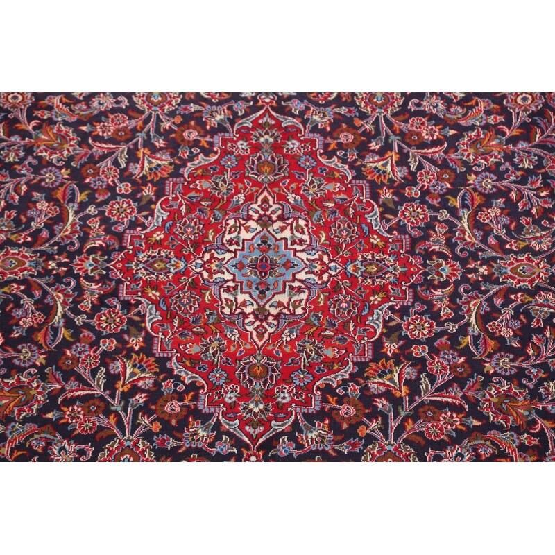 Hand Knotted Oriental 100% Wool Carpet Traditional Floral Navy Blue & Blues Mashad Area Rug - 12' 7'' X 9' 7''