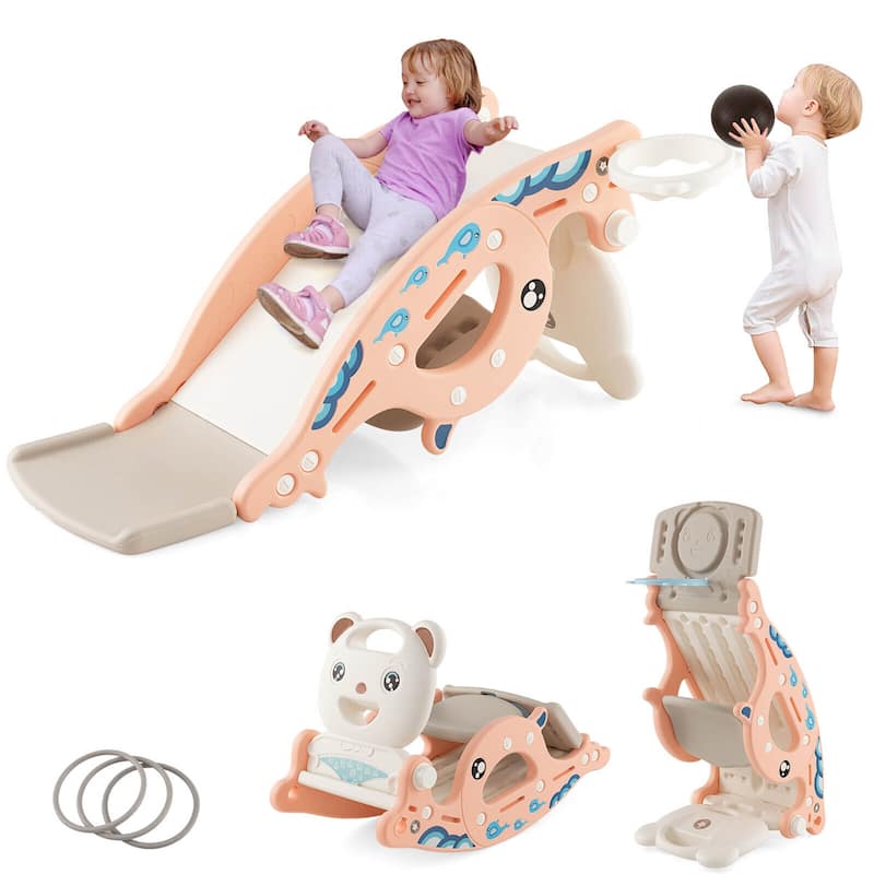 Gymax 4-in-1 Kids Slide Rocking Toy Slide Rocking Horse w/Basketball - Pink