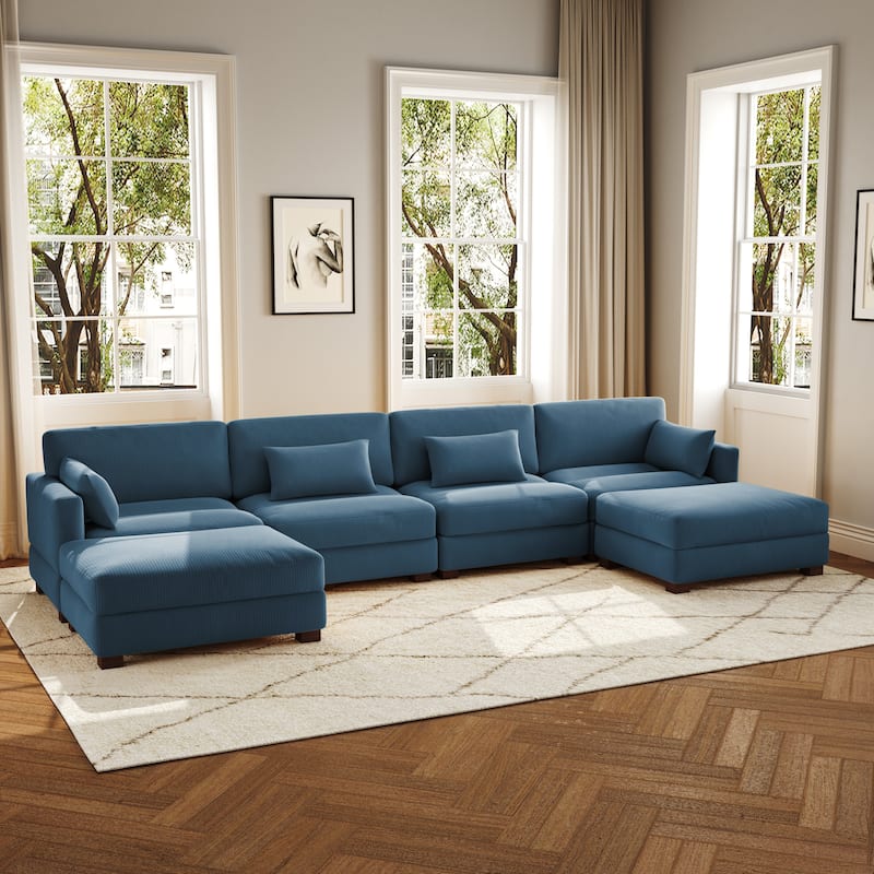 6-Piece U Shaped Couch Modular Sectional Sofa with Ottoman - Navy