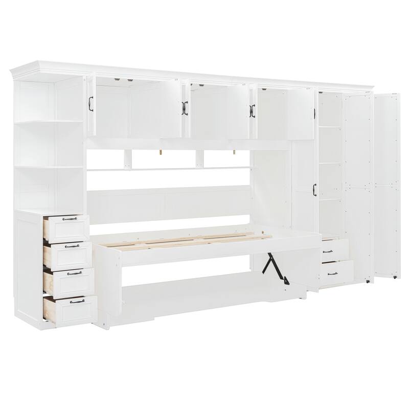 Space-Saving Twin Murphy Bed with Wardrobe, Desk, and Storage, White