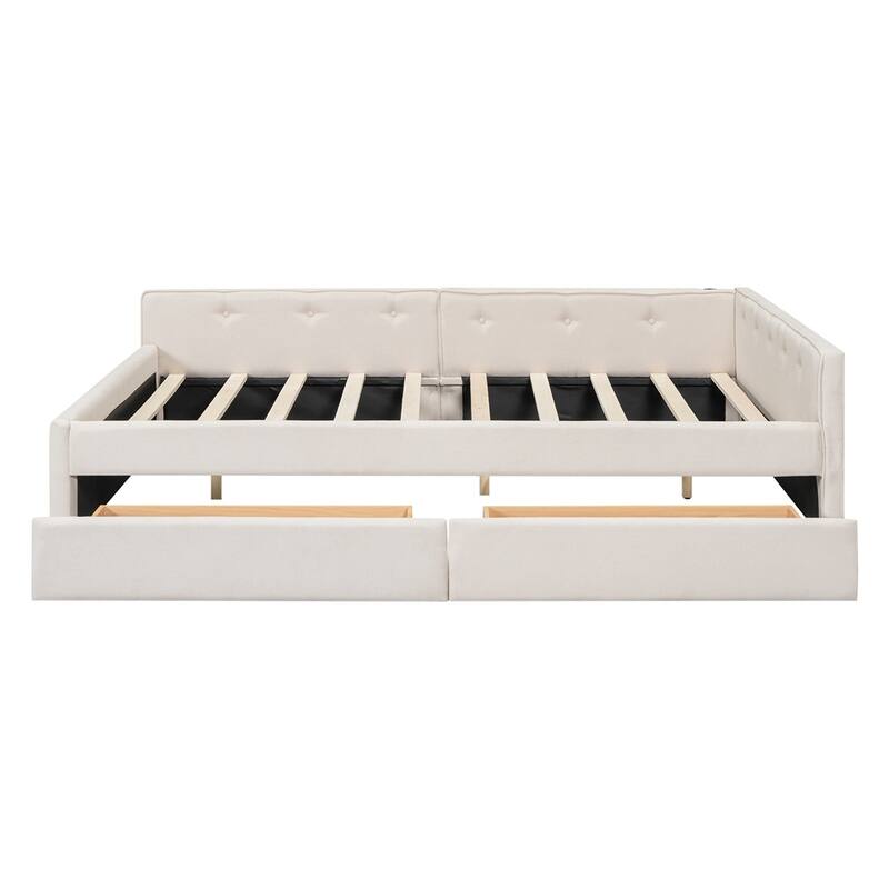 Linen Upholstered Platform Bed with USB and 2 Drawers