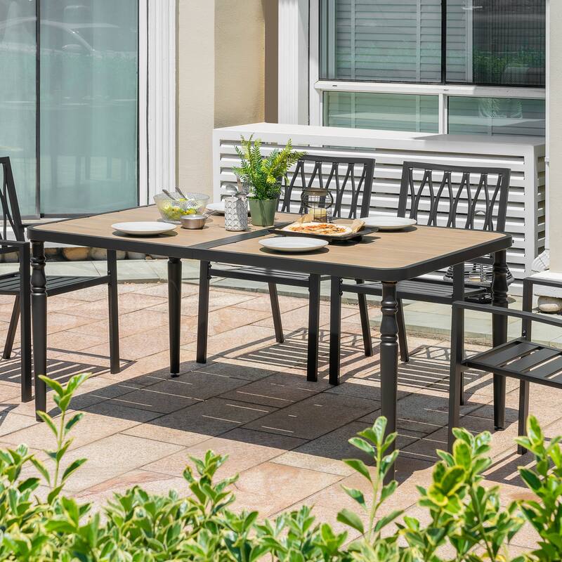 Patio Rectangle Dining Table with Umbrella Hole, Wood-Grain Tabletop