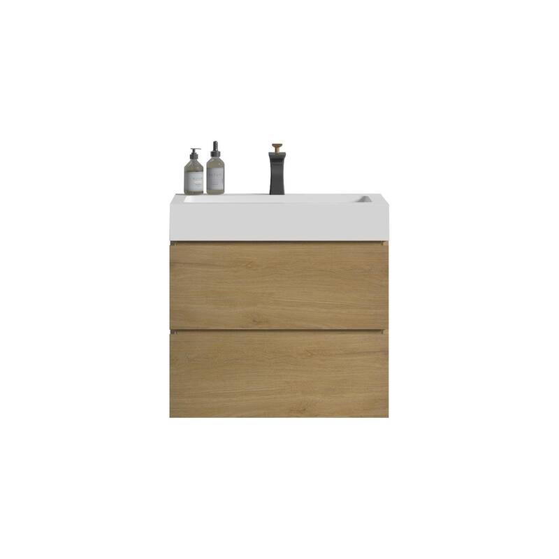 24" Floating Bathroom Vanity in Natural Oak with Handle-Free Design, Black Sink, and Silent Soft-Close Drawers