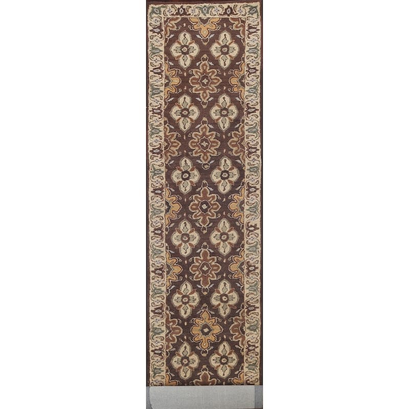 Floral Brown Traditional Oriental Runner Rug Hand-tufted Wool Carpet - 2'7" x 19'3"