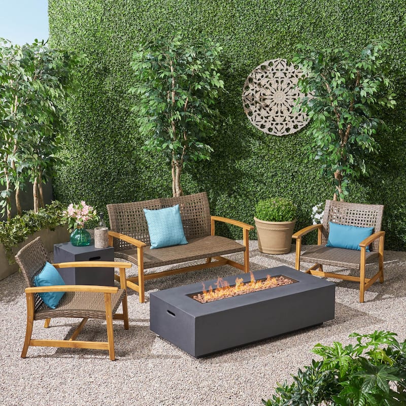 Augusta Outdoor Acacia Wood and Wicker 4 Seater Chat Set with Fire Pit by Christopher Knight Home