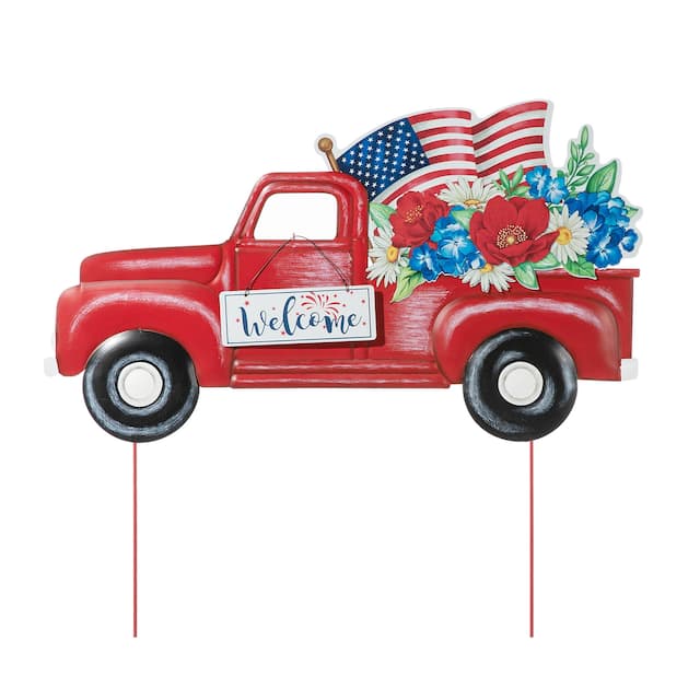 Glitzhome Metal Festival Truck Yard Stake Garden Stake or Wall Decor - Red Patriotic