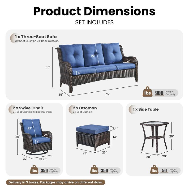 Gymojoy 6-Piece Outdoor Wicker Patio Set with Swivel Rockers, 3-Seater Sofa & Ottomans