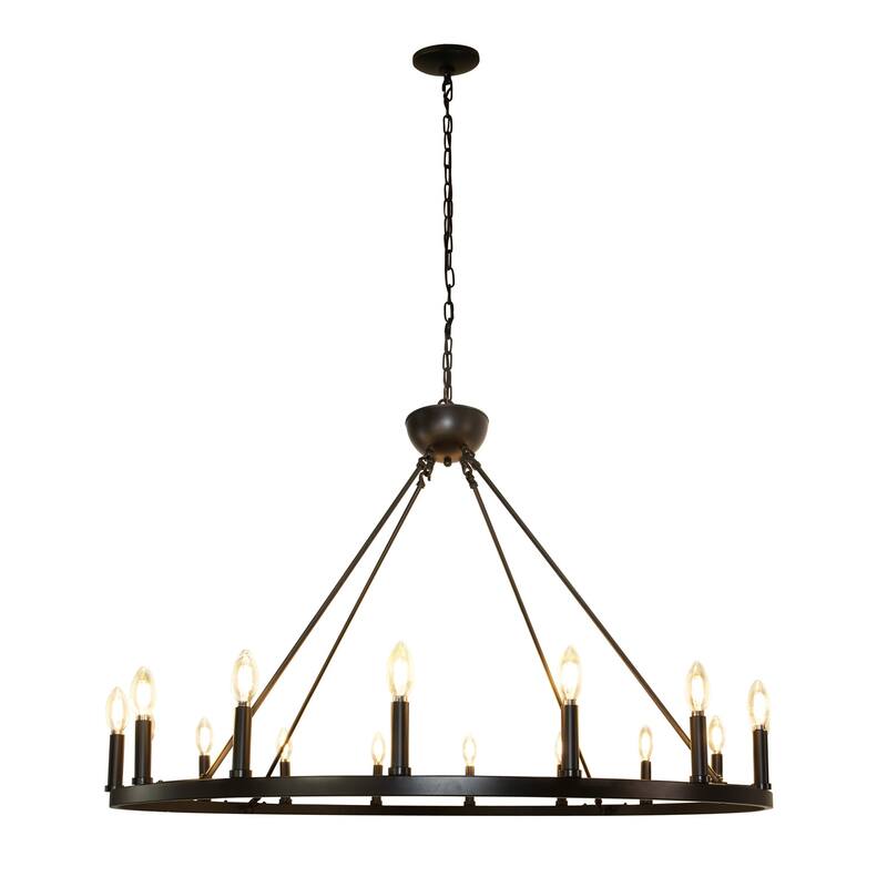 12 Light Chandelier Wagon Wheel (37” Wide) Matte Black Steel Frame