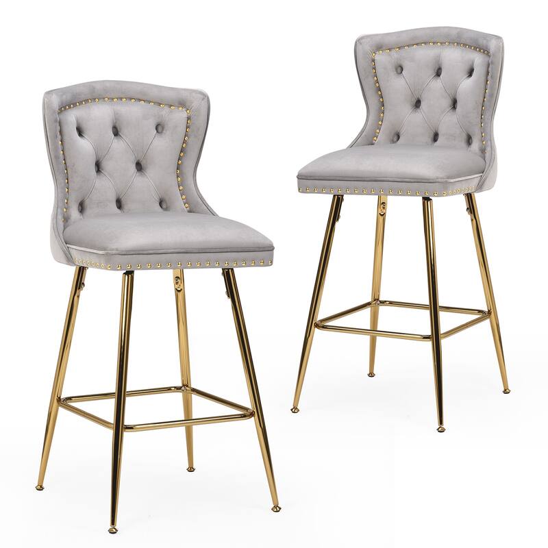 Bar Stools Set of 2, Velvet Counter Height Bar Stools with Metal Legs, Button Tufted and Nailheads Trim, Gray - Gray