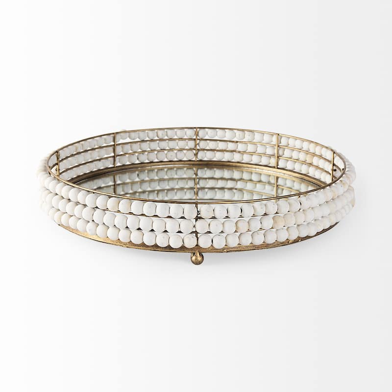 Decatur I White Wooden Beads w/ Mirrored Base Round Tray