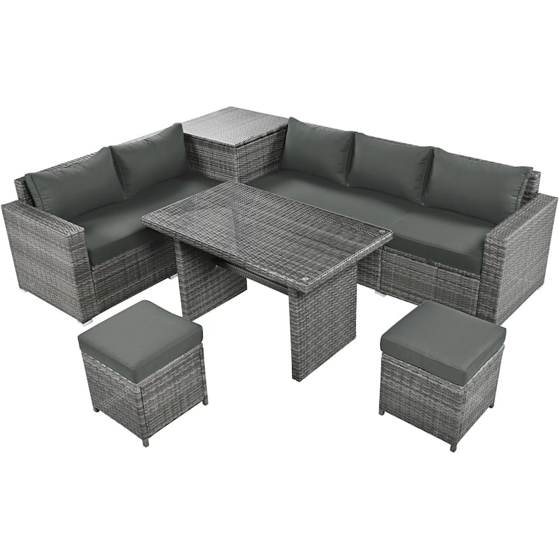 6PCS Outdoor Patio Wicker Rattan Sectional Set with Storage Box and Tempered Glass Top Table