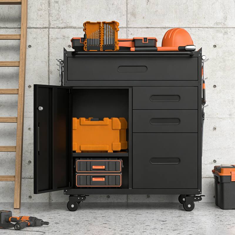 34.3" Mobile Tool Storage Cabinet - Garage Organizer with Lockable Compartment & 4 Drawers, Rolling Steel Chest