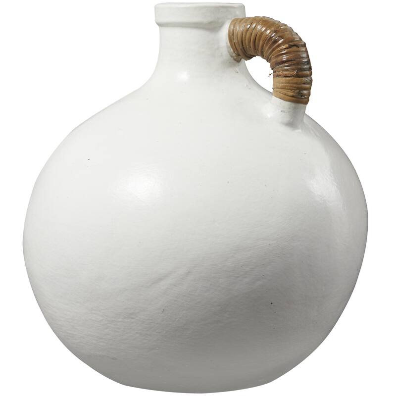 White Ceramic Jug Inspired Decorative Vase with Rattan Wrapped Handle