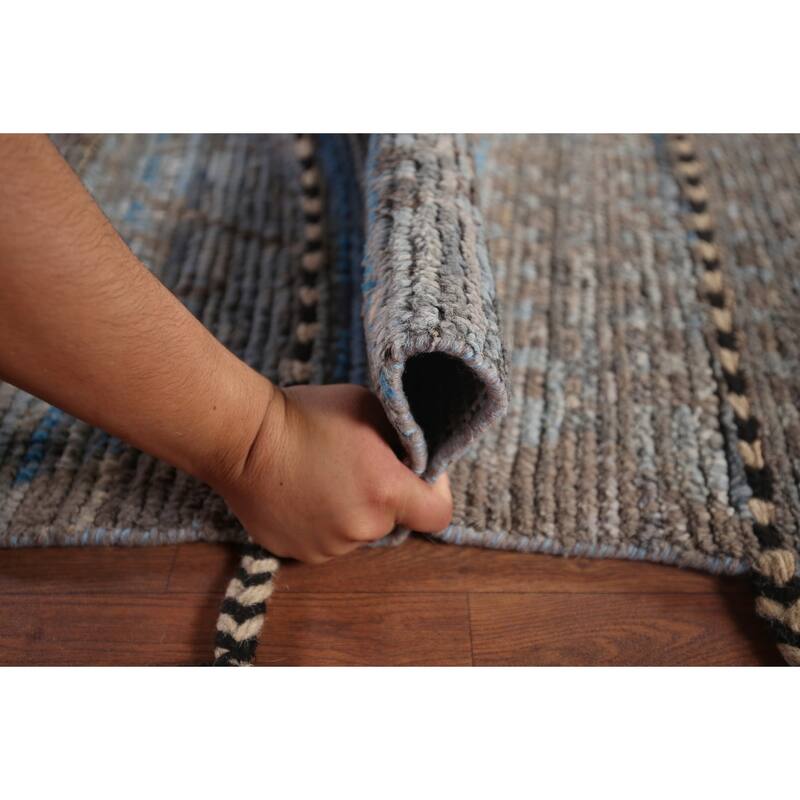 Blue Striped Moroccan Abstract Area Rug Hand-Knotted Wool Carpet - 8'0"x 12'7"