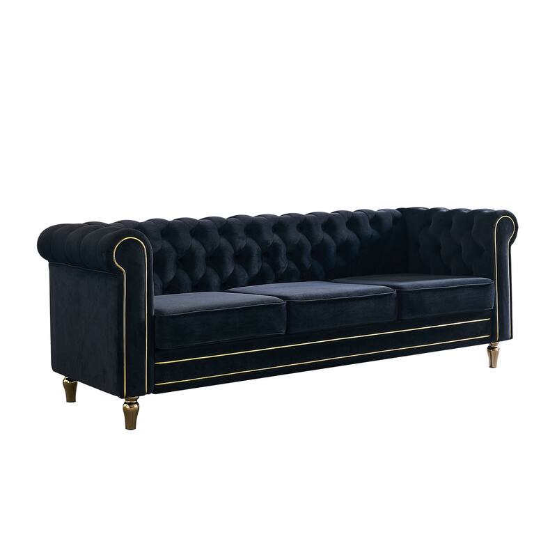 Chesterfield Velvet Sofa with Golden Decorative Strip for Living Room