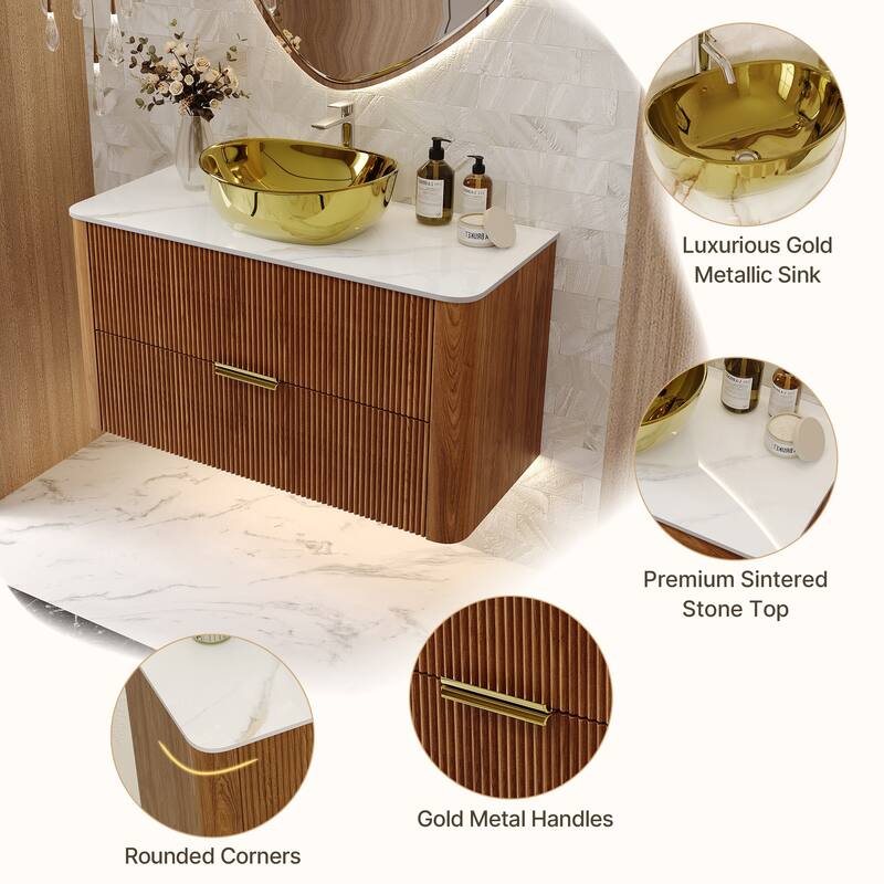 36" Luxury Floating Bathroom Vanities with Gold Single Sink, Brown Wood Cabinets with 2 Drawers
