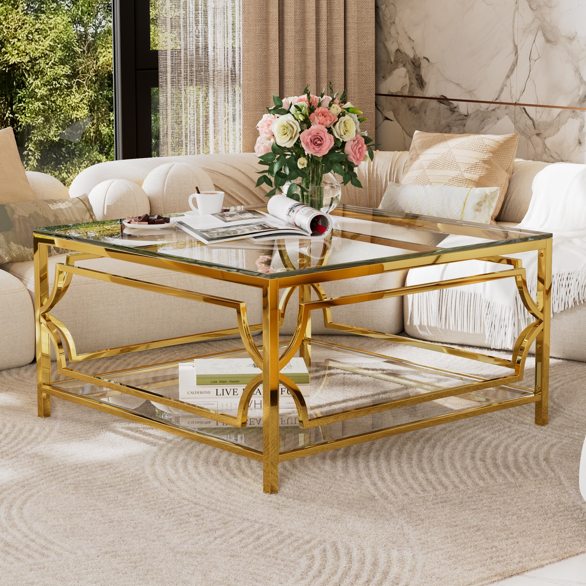 Luxe Square Glass Coffee Table with Geometric Gold Frame & Lower Display Shelf by Harper&Bright Designs