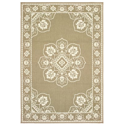 Mckinney Tan Ivory Oriental Medallion Outdoor Casual Area Rug