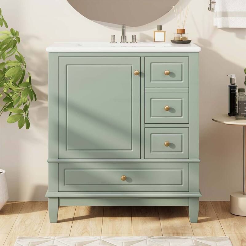 Freestanding Vanity Set with Shelf and Three Drawers,Soft Close Door - Light Green