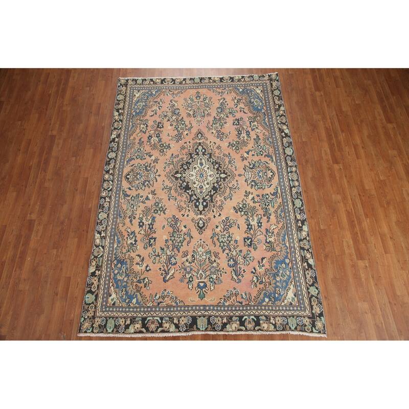 Hand Knotted Oriental 100% Wool Carpet Traditional Floral Coral Hamedan Area Rug - 9' 4'' X 6' 3''