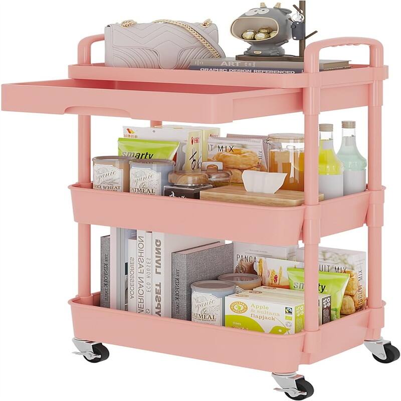 3-Tier Rolling Utility Cart with Drawer - 15.35"D x 30.7"W x 11.41"H - Metal Finish - Pink