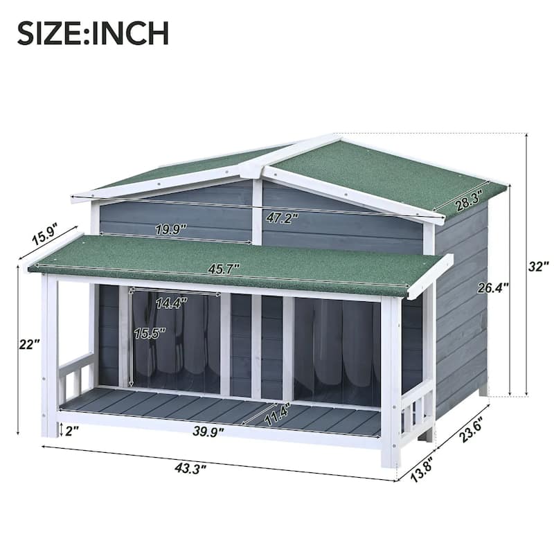 48 Inch Dog House Outside With Porch,Dog House Medium With Fencing,Dog Kennel With Water-Resistant Asphalt Roof-Cuddlewood