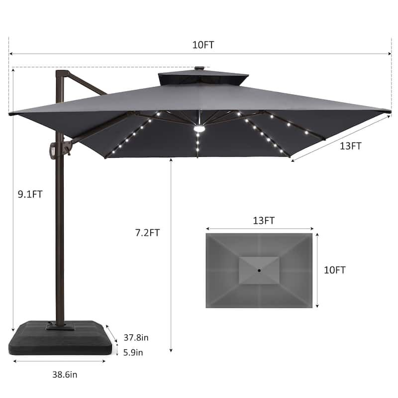 10X13 FT Outdoor Cantilever Patio Umbrella Solar LED Light with Weights Base