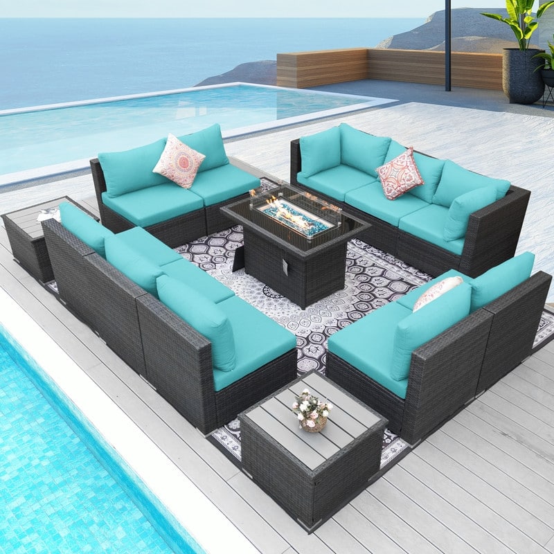 FINCATI Patio Outdoor Wicker Furniture Set Sectional Sofa with Firepit - Teal