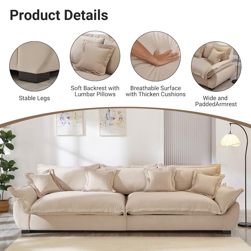 Modular Spacious Deep Seating Velvet Sofa with Storage, Removable Cushion Covers, Pillow Top Arms, Solid Wood Frame and Pillows