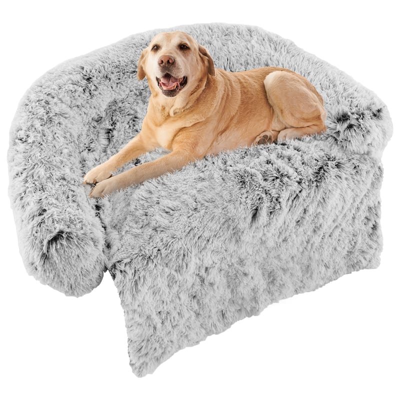 White-Grey Plush Calming Dog Couch Bed with Anti-Slip Bottom