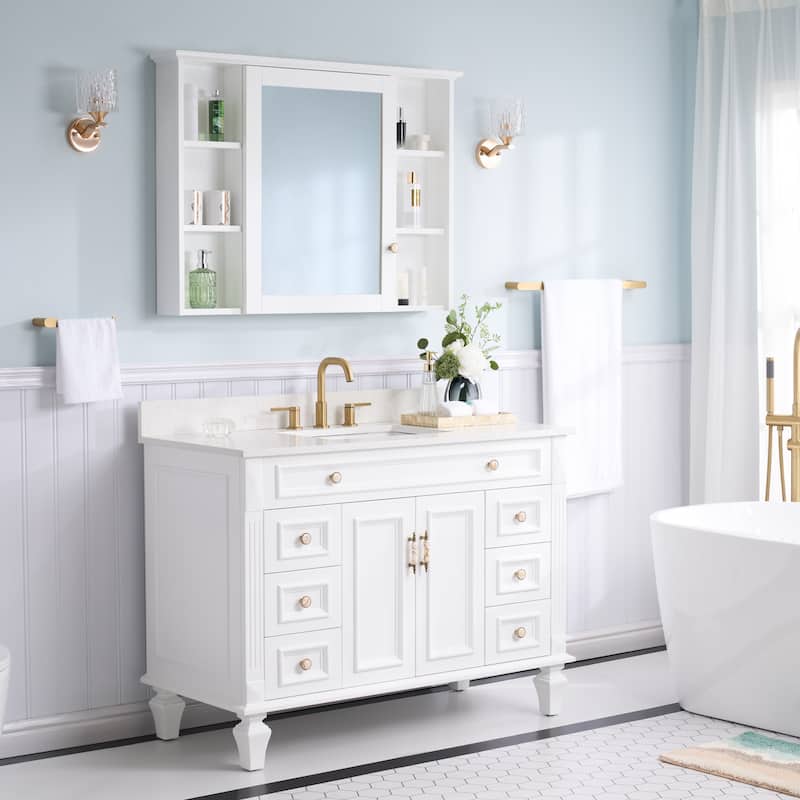 35'' H X48''W Solid Wood Bath Vanity with Stain-resistant Carrera White Quartz Top and Single Sink