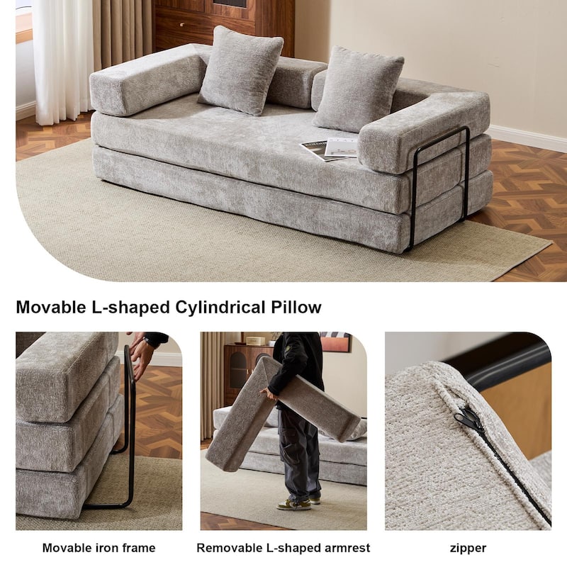 Convertible Flannel Fabric Futon Sofa Sleeper Couch Bed with Sponge Padding for Living Room - 76.77”L x 37.4”W x 23.62”H