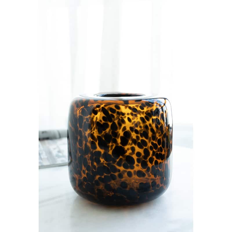 Brown and Amber Glass Vase with Cheetah Motif, Short, 7.9x7.9"