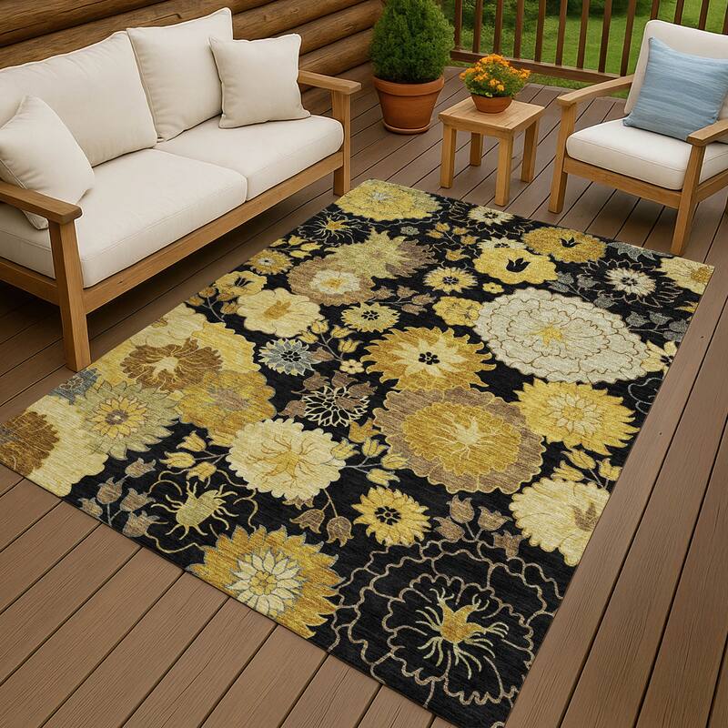 Machine Washable Indoor/ Outdoor Modern Floral Chantille Rug