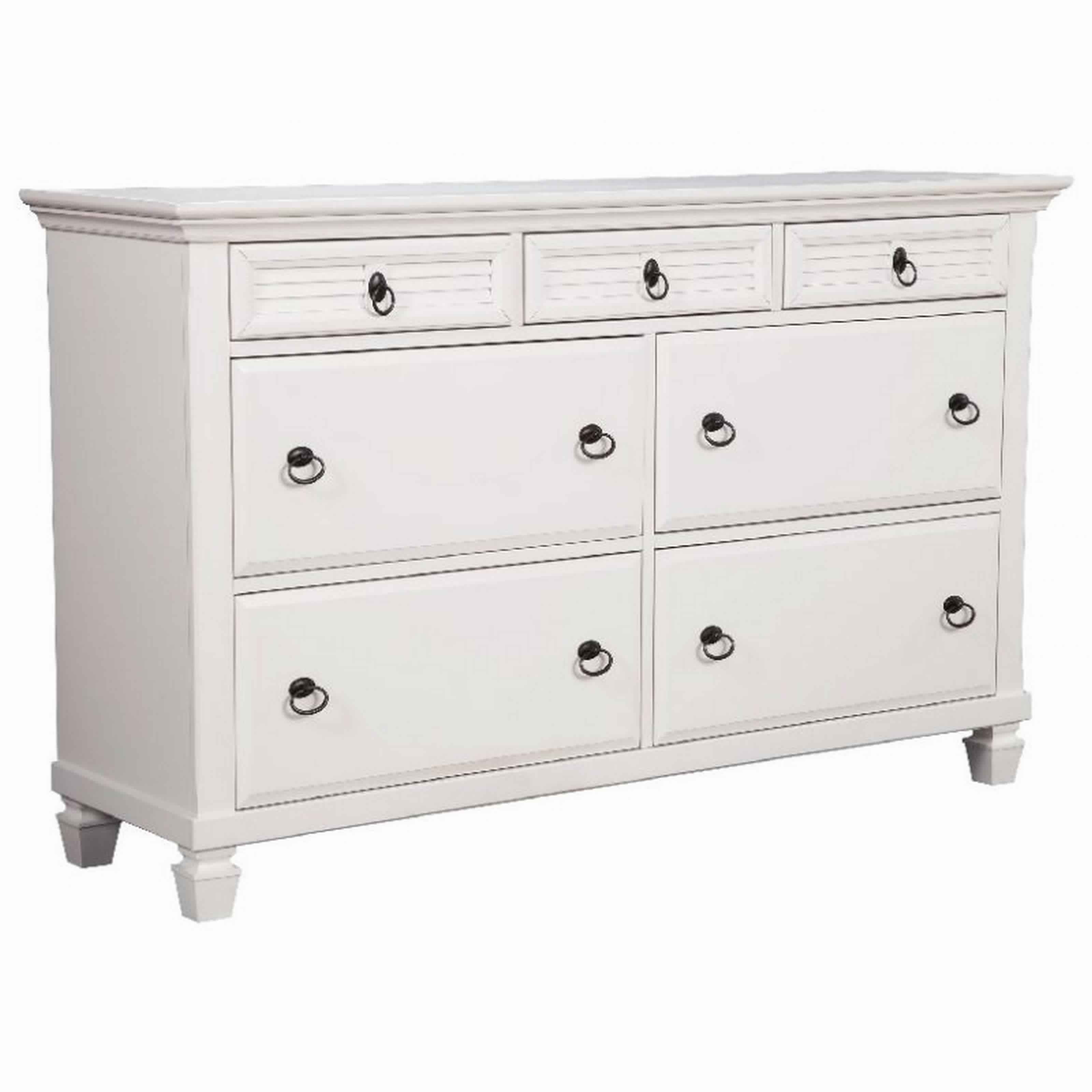 7 Drawer Wooden Dresser with Ring Pulls and Molded Top, White