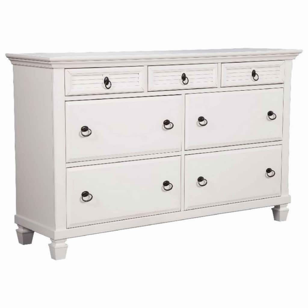 7 Drawer Wooden Dresser with Ring Pulls and Molded Top, White