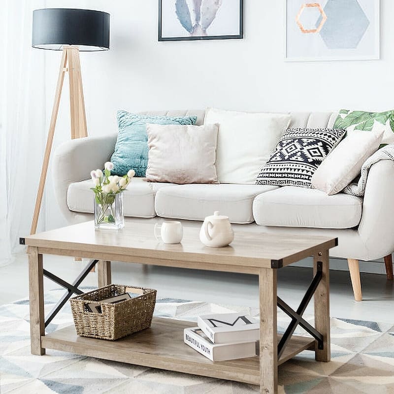 Rustic Accent Coffee Table Metal X Shaped Side Cocktail Table with Storage Shelf - 43.5" x 19.5" x 18"(LXWXH)