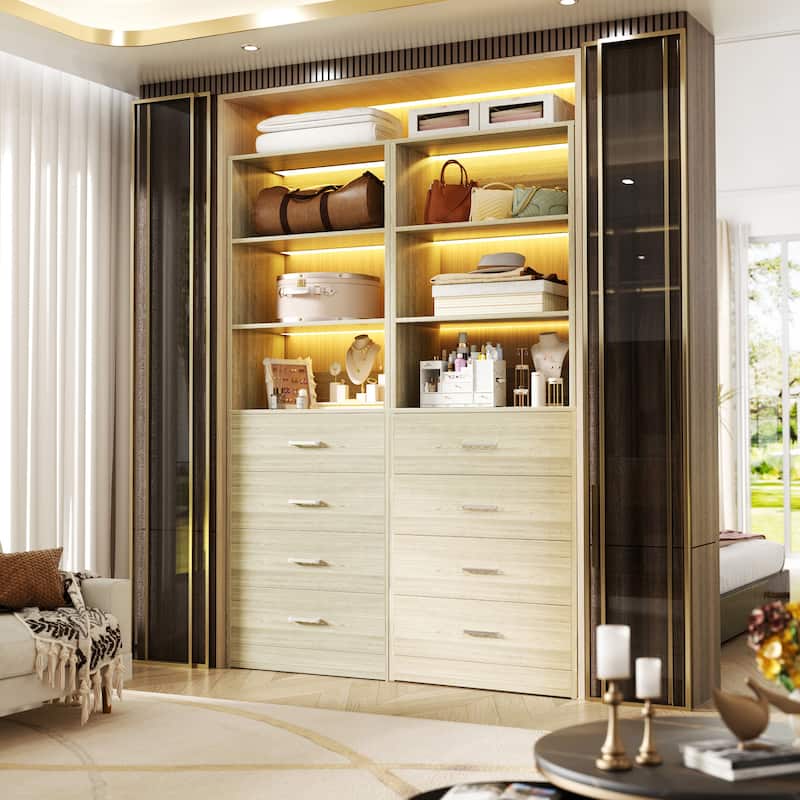 Freestanding Closet Organizer with 4 Drawers and 4 Shelves, Wooden Closet System for Walk-in Closet - Washed Oak - 2pcs